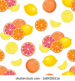 Citruses seamless pattern. Lemon, grapefruit and orange whole and slices isolated on white. Food background. Vector illustration of tropical fruits in cartoon flat style.