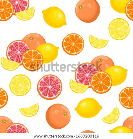 Citruses seamless pattern. Lemon, grapefruit and orange whole and slices isolated on white. Food background. Vector illustration of tropical fruits in cartoon flat style.