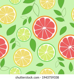 Citruses. Slices of lemon, lime and grapefruit with leaves on a gentle green background. Seamless pattern.