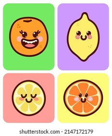 Citruses with smiling faces. Kawaii fruits on a colored background. Set of cute vector illustrations.