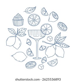 Citrus-themed illustration featuring drinks, desserts, and fresh fruits in a circular design