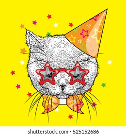 Citten in a celebratory cap and funny glasses. Vector illustration. Postcard or poster, print on clothes. A party.