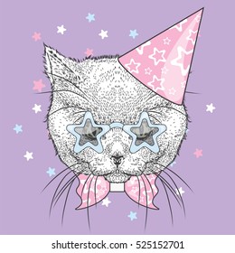 Citten in a celebratory cap and funny glasses. Vector illustration. Postcard or poster, print on clothes. A party.