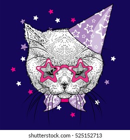 Citten in a celebratory cap and funny glasses. Vector illustration. Postcard or poster, print on clothes. A party.