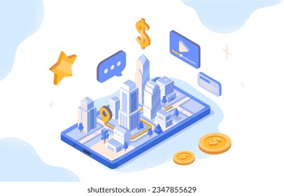 City 3d at smartphone concept. Navigation and geolocation GPS system. Mobile application, program and software for travel and tourism. Map and navigator. Cartoon isometric vector illustration