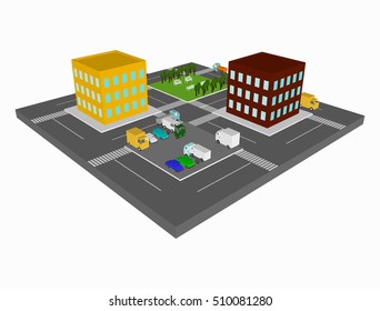 City 3d top view. Isometric part of town with parking, buildings, trees, cars and roads. View from above. Cityscape vector illustration.