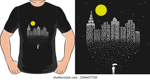 A City Above the Sky in the Middle of the Night. Unique and Trendy Abstract T-Shirt Design or Mockup. - Shutterstock ID 1596477769