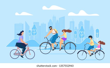 City Active Lifestyle is Promoted. People Ride Bicycles Big City. Girl Goes Work on Bike Brother Drives Sister on Small Bicycle for Walk Husband Bike Tandem go in Park Rest. Fresh Cures Lungs.