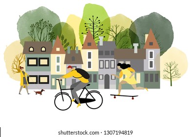 City activites. Vector flat cartoon. Watercolor vector illustration. 