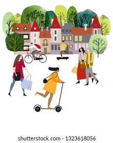 City activites. Vector flat cartoon. Watercolor vector illustration. 