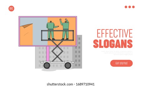 City Advertisement Concept. Website Landing Page. Male Characters Are Gluing Poster On Big Billboard Using Scissor Lift. Outdoor Advertising. Web Page Cartoon Linear Outline Flat Vector Illustration