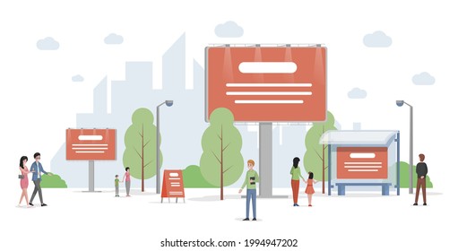 City advertising vector flat illustration. Urban cityscape with billboards and banners. Business, company promotion, marketing campaign concept. Outdoor landscape with commercial information.