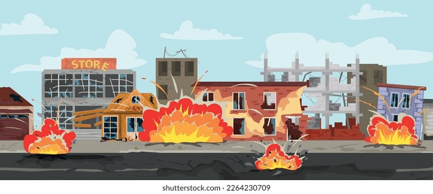 City after bombing horizontal composition with broken city houses and flame flat vector illustration