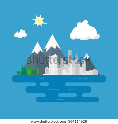 City  Against Mountains, Big City on the Sea,  Landscape, Flat design,  Vector Illustration