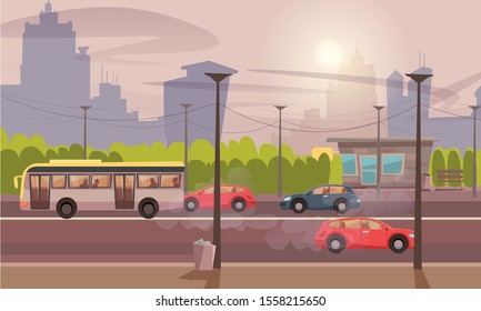 City air pollution flat vector illustration. Vehicles with exhausting pipes on cityscape background. Transportation means on road with smoke. Ecology problem, environmental disaster concept