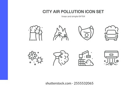 City Air Pollution Icon Set. Featuring Car Emissions, Factory Smoke, Waste Burning, Face Mask, Chemical Spray Pollution, Construction Dust