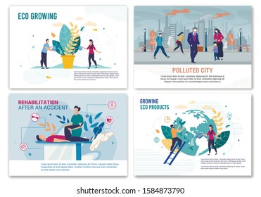 City Air Pollution, Rehabilitation after Accident, Eco Food Products and Plants Growing Banner Set. Social Problem and Alternative Solutions. Planet and Human Health Safety. Vector Flat Illustration