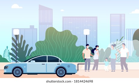 City air pollution. World problem of environment and ecological situation, dirty atmosphere. Urban landscape with auto and people vector illustration