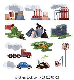 City air and water pollution set with colored icons of factories waste vehicles garbage on white background vector illustration