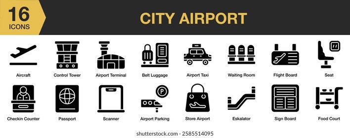 City Airport solid icon set. Includes airport, city, travel, building, plane, and More. Solid icons vector collection.