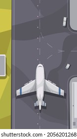 City airport terminal outdoor facility element with plane moving along runway top view cartoon vector illustration 
