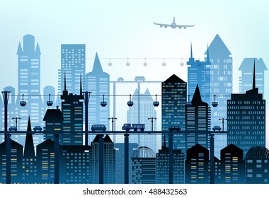 City airport and town made of buildings silhouettes