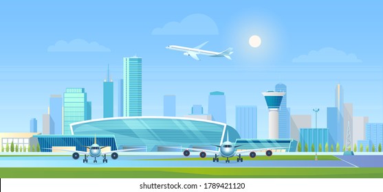 City airport vector illustration. Cartoon flat modern cityscape with business skyscrapers, airport terminal building and air traffic control tower, airplanes on runway, aircraft taking off background