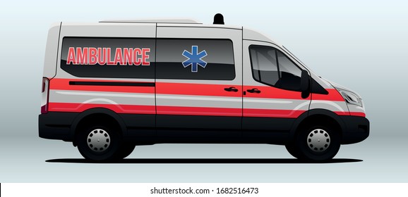 City ambulance car. Vector illustraton, side view with perspective.