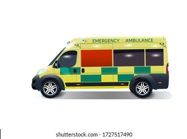 City ambulance with shadow. Varian UK. Side view from the point of view. Vector illustration