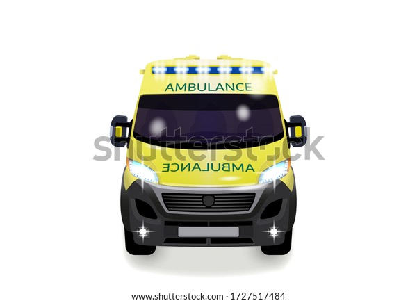 City ambulance with shadow.\
Varian UK. Front view from the point of view. Vector\
illustration