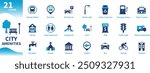 City amenities icon. Collection of icons for parks, charging stations, public works, modernity, public transport. Solid vector icons.