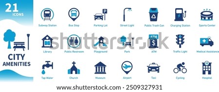 City amenities icon. Collection of icons for parks, charging stations, public works, modernity, public transport. Solid vector icons.