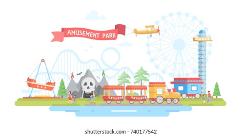 City with amusement park - modern flat design style vector illustration. Sign on red ribbon. View with merry-go-round, airplane, roller coaster, horror attraction, train. Entertainment concept