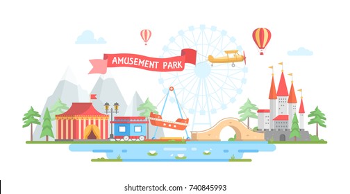 City with amusement park - modern flat design style vector illustration. Mountains on background. Sign on red ribbon. Lovely view with circus, castle, hot air balloons, airplane. Entertainment concept