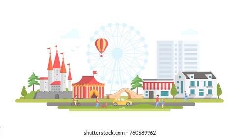 City with amusement park - modern flat design style vector illustration on urban background. Lovely view with circus, big wheel, hor air balloon, bridge, castle, houses, people. Entertainment concept