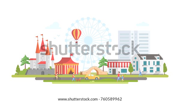 City with amusement park - modern flat design\
style vector illustration on urban background. Lovely view with\
circus, big wheel, hor air balloon, bridge, castle, houses, people.\
Entertainment concept