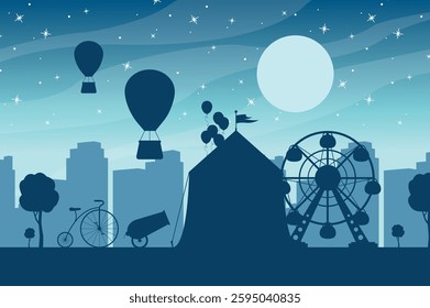 City amusement park in the night city. Night landscape. The concept of urban recreation, leisure.