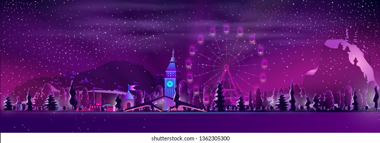 City amusement park, winter resort cartoon vector night landscape in neon colors. Illuminated buildings, clock tower, Ferris wheel on seashore surrounded snow-capped forest and mountains illustration