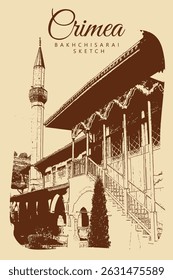 City ancient architecture, Crimea, Bakhchisarai. Muslim buildings, Khan's Palace. Vintage brown and beige graphics, engraved, vector. Old retro design.
