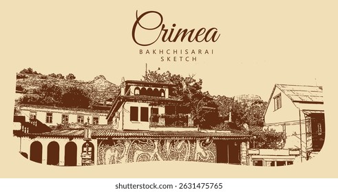 City ancient architecture, Crimea, Bakhchisarai. Muslim buildings, Khan's Palace. Vintage brown and beige graphics, engraved, vector. Old retro design.	
