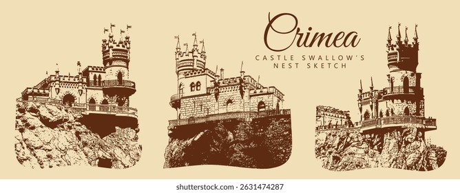 City ancient architecture, Crimea. Swallow's Nest Castle on a cliff. Vintage brown and beige graphics, engraved, vector. Old retro design.	
