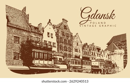City ancient architecture, Gdansk, Poland. Vintage brown and beige graphics, engraved, vector. Old retro design.