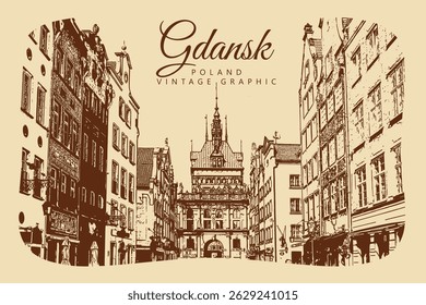 City ancient architecture, Gdansk, Poland. Vintage brown and beige graphics, engraved, vector. Old retro design.