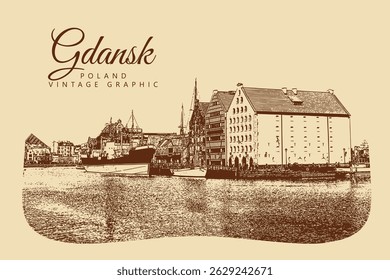 City ancient architecture, Gdansk, Poland. Vintage brown and beige graphics, engraved, vector. Old retro design.