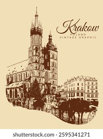 City ancient architecture, Krakow, Poland. Vintage brown and beige graphics, engraved, vector. Old retro design.