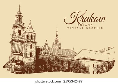 City ancient architecture, Krakow, Poland. Vintage brown and beige graphics, engraved, vector. Old retro design.