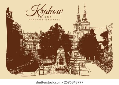 City ancient architecture, Krakow, Poland. Vintage brown and beige graphics, engraved, vector. Old retro design.