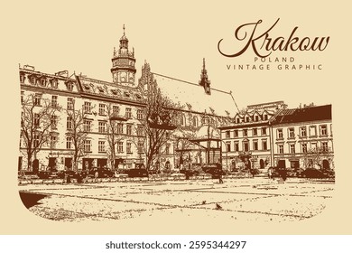 City ancient architecture, Krakow, Poland. Vintage brown and beige graphics, engraved, vector. Old retro design.