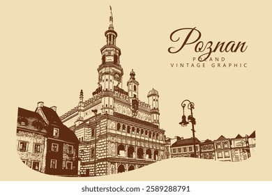 Arquitetura antiga da cidade, Poznan, Polônia. Gráficos castanho e bege vintage, gravados, vetor. Projeto retrô antigo.