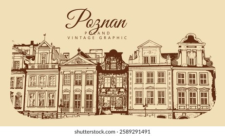 City ancient architecture, Poznan, Poland. Vintage brown and beige graphics, engraved, vector. Old retro design.